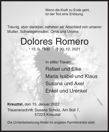 Traueranzeige von Dolores Romero von Siegener Zeitung