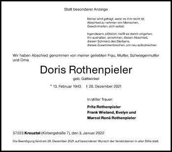 Traueranzeige von Doris Rothenpieler von Siegener Zeitung