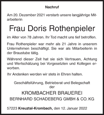 Traueranzeige von Doris Rothenpieler von Siegener Zeitung