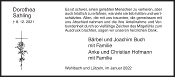 Traueranzeige von Dorothea Sahling von Siegener Zeitung