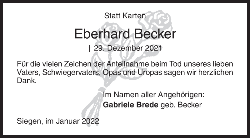  Traueranzeige für Eberhard Becker vom 29.01.2022 aus Siegener Zeitung