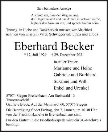 Traueranzeige von Eberhard Becker von Siegener Zeitung