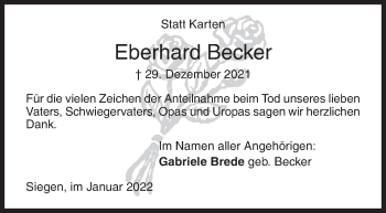 Traueranzeige von Eberhard Becker von Siegener Zeitung