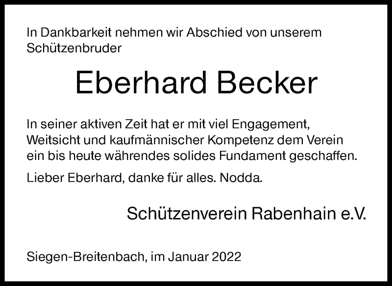  Traueranzeige für Eberhard Becker vom 06.01.2022 aus Siegener Zeitung