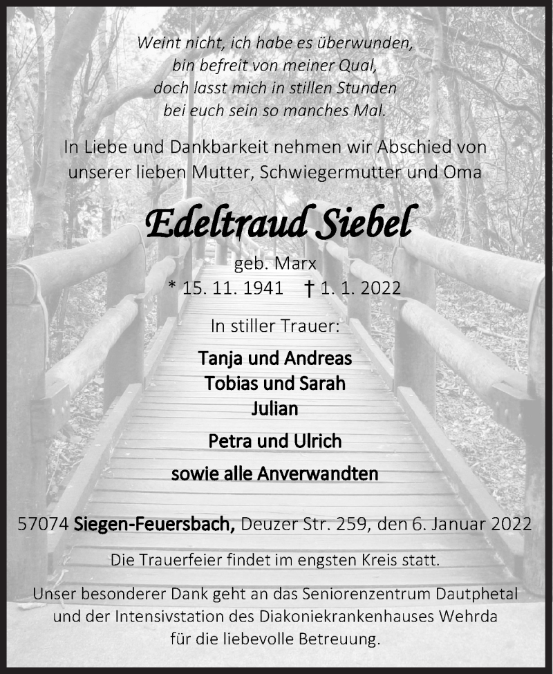  Traueranzeige für Edeltraud Siebel vom 06.01.2022 aus Siegener Zeitung