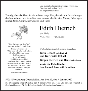 Traueranzeige von Edith Dietrich von Siegener Zeitung