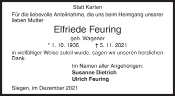 Traueranzeige von Elfriede Feuring von Siegener Zeitung