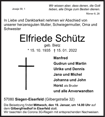 Traueranzeige von Elfriede Schütz von Siegener Zeitung