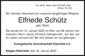 Traueranzeige von Elfriede Schütz von Siegener Zeitung