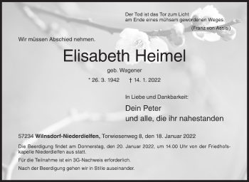 Traueranzeige von Elisabeth Heimel von Siegener Zeitung