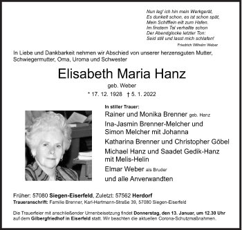 Traueranzeige von Elisabeth Maria Hanz von Siegener Zeitung
