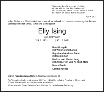 Traueranzeige von Elly Ising von Siegener Zeitung