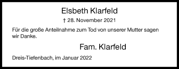 Traueranzeige von Elsbeth Klarfeld von Siegener Zeitung