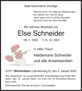 Traueranzeige von Else Schneider von Siegener Zeitung
