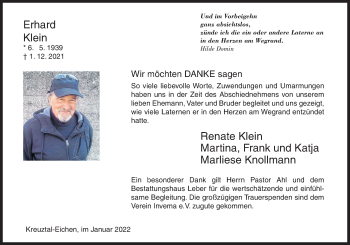 Traueranzeige von Erhard Klein von Siegener Zeitung