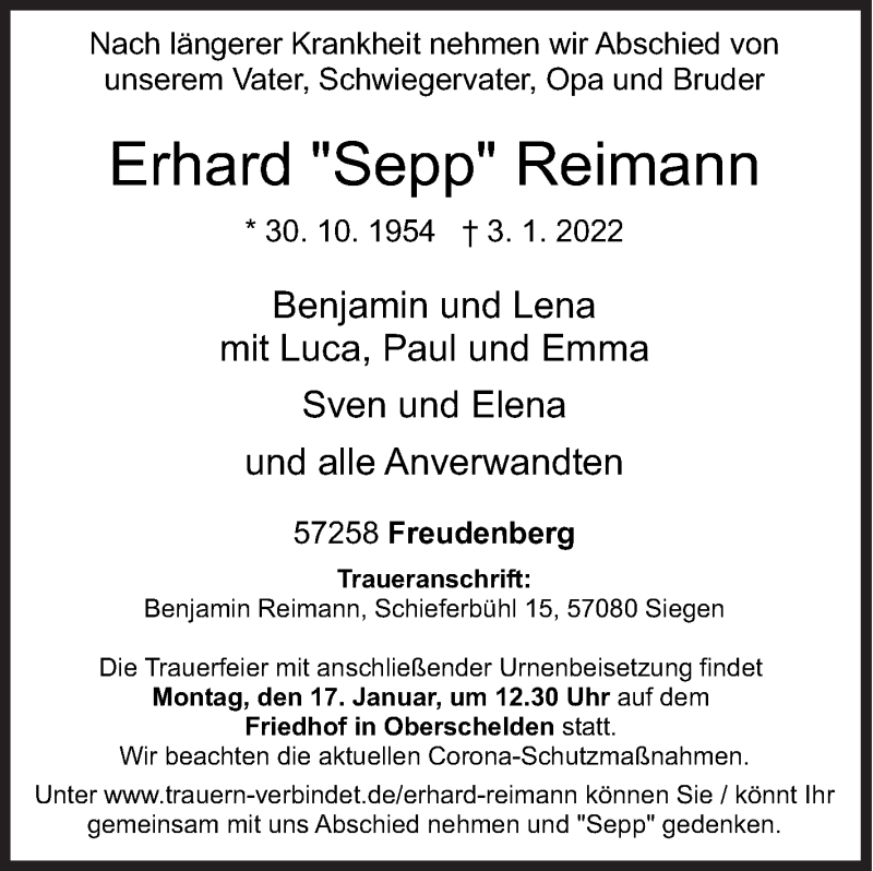  Traueranzeige für Erhard Reimann vom 08.01.2022 aus Siegener Zeitung