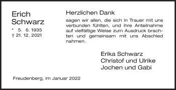 Traueranzeige von Erich Schwarz von Siegener Zeitung