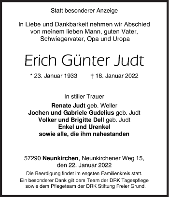 Traueranzeige von Erich Günter Judt von Siegener Zeitung