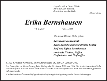 Traueranzeige von Erika Bernshausen von Siegener Zeitung