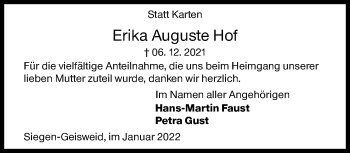 Traueranzeige von Erika Auguste Hof von Siegener Zeitung