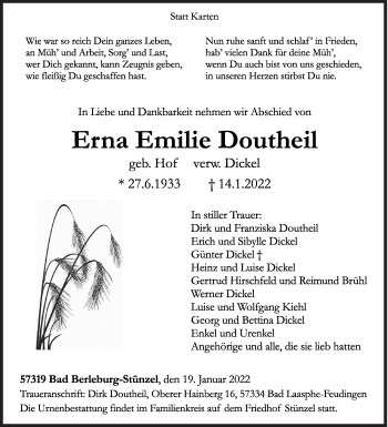 Traueranzeige von Erna  Doutheil von Siegener Zeitung