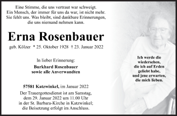 Traueranzeige von Erna Rosenbauer von Siegener Zeitung