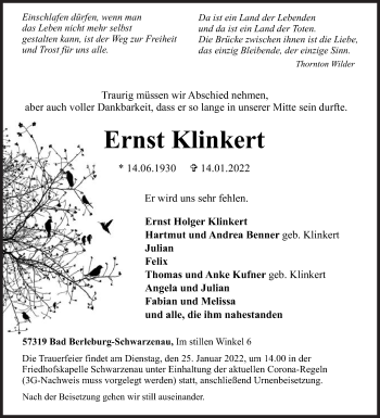 Traueranzeige von Ernst Klinkert von Siegener Zeitung