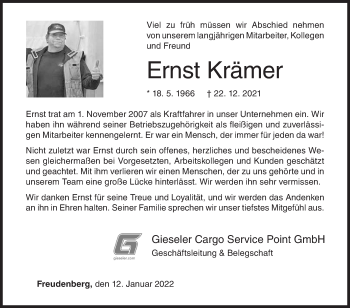 Traueranzeige von Ernst Krämer von Siegener Zeitung
