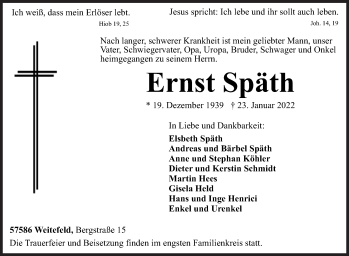Traueranzeige von Ernst Späth von Siegener Zeitung