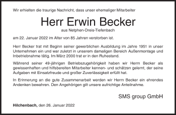 Traueranzeige von Erwin Becker von Siegener Zeitung