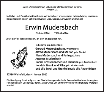 Traueranzeige von Erwin Mudersbach von Siegener Zeitung