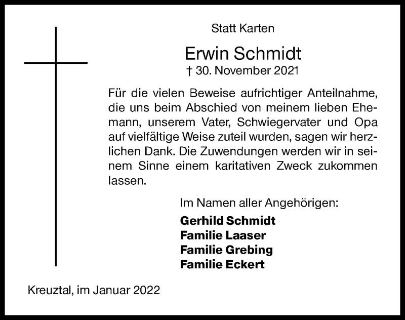  Traueranzeige für Erwin Schmidt vom 08.01.2022 aus Siegener Zeitung