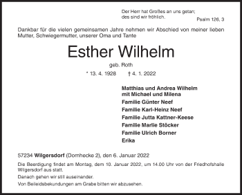 Traueranzeige von Esther Wilhelm von Siegener Zeitung