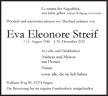 Traueranzeige von Eva Streif von Siegener Zeitung