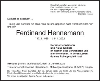 Traueranzeige von Ferdinand Hennemann von Siegener Zeitung