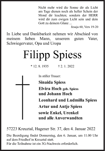 Traueranzeige von Filipp Spiess von Siegener Zeitung