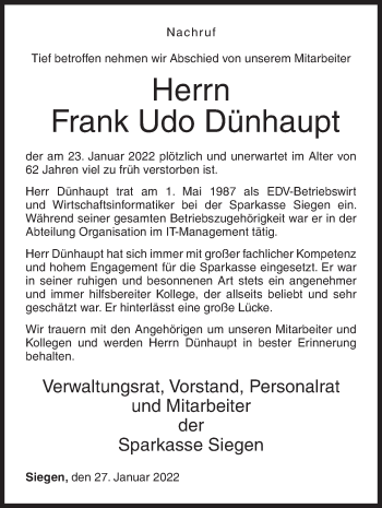 Traueranzeige von Frank Udo Dünhaupt von Siegener Zeitung