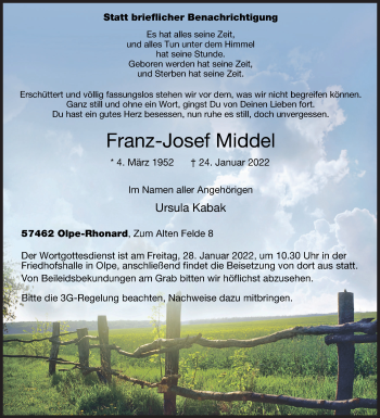 Traueranzeige von Franz-Josef Middel von Siegener Zeitung