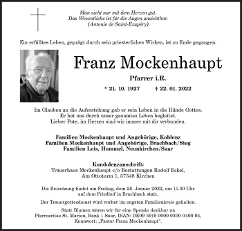 Traueranzeige von Franz Mockenhaupt von Siegener Zeitung