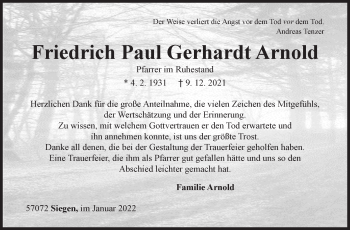 Traueranzeige von Friedrich Paul Gerhardt Arnold von Siegener Zeitung