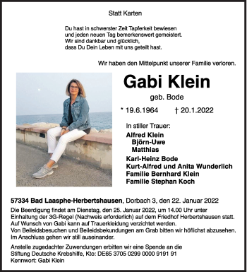 Traueranzeige von Gabi Klein von Siegener Zeitung