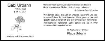 Traueranzeige von Gabi Urbahn von Siegener Zeitung