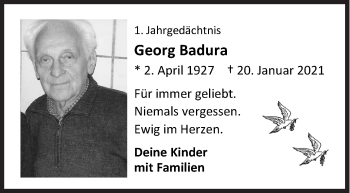 Traueranzeige von Georg Badura von Siegener Zeitung