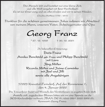 Traueranzeige von Georg Franz von Siegener Zeitung