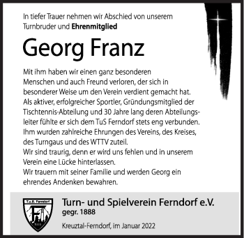 Traueranzeige von Georg Franz von Siegener Zeitung