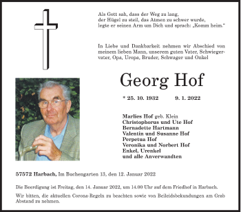 Traueranzeige von Georg Hof von Siegener Zeitung