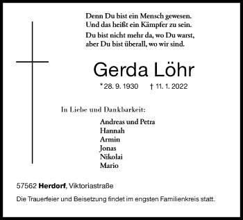 Traueranzeige von Gerda Löhr von Siegener Zeitung