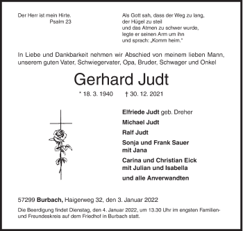 Traueranzeige von Gerhard Judt von Siegener Zeitung