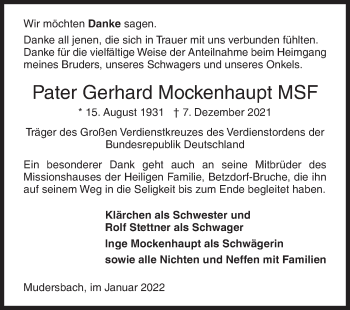 Traueranzeige von Gerhard Mockenhaupt von Siegener Zeitung