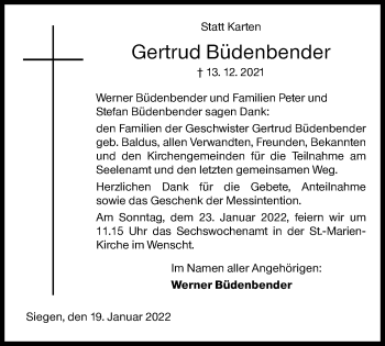 Traueranzeige von Gertrud Büdenbender von Siegener Zeitung